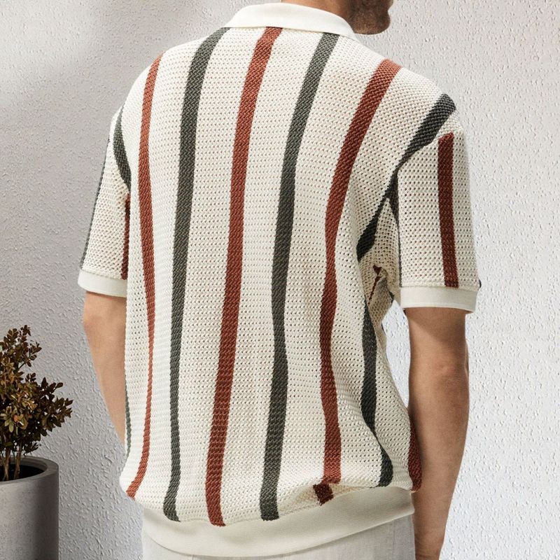 Men's Clothing Coarse Knit Hollow Out Sweater Striped Color Block Woolen Casual Polo Shirt SY0213_voghion.com