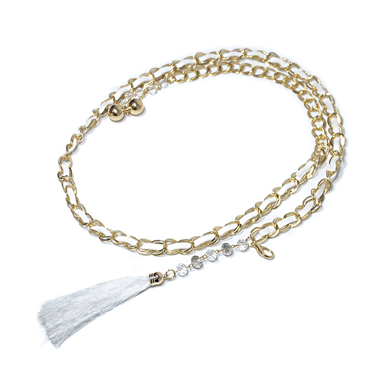 Accessori per abiti da donna con catena in metallo, ciondolo, nappa e cintura sottile da donna con strass intarsiati_voghion.com