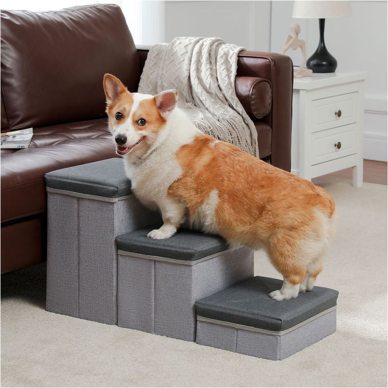 3-Tier Dog Stairs for Small Foldable Pet Stair with Storage Box and Condo Adjustable Height Steps for Couch/Bed Folding Non-Slip_voghion.com