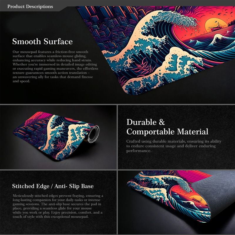 Tapis de souris japonais Ukiyo-e Kanagawa Wave, tapis de table à bords pour clavier, tapis de bureau pour hommes et femmes, très populaire_voghion.com