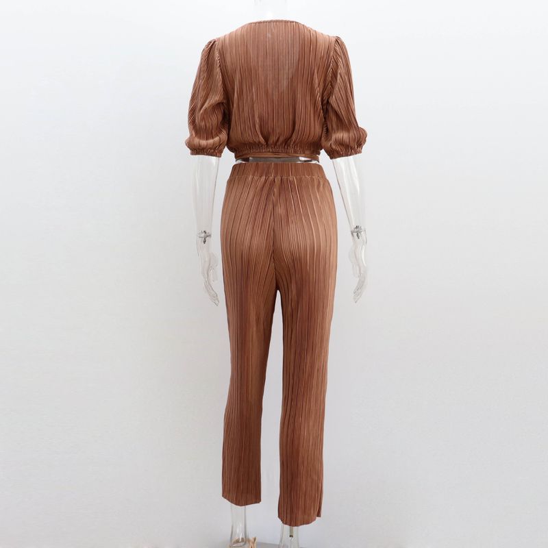Costume pantalon droit décontracté pour femmes, nouveau Style, couleur unie plissée, manches courtes, cravate, col en v, haut pantalon, costume deux pièces_voghion.com