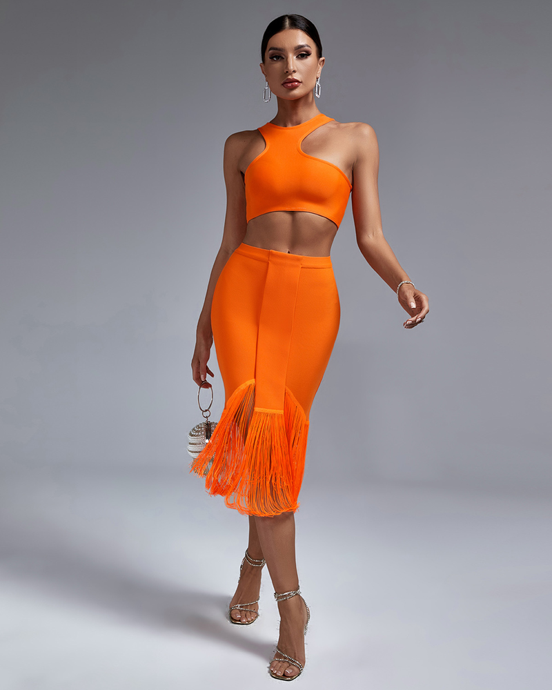 Ocstrade nouveauté femmes tenues Sexy Fiess pansement jupe ensemble 2 pièces boléro et gland jupe Midi Set133_voghion.com