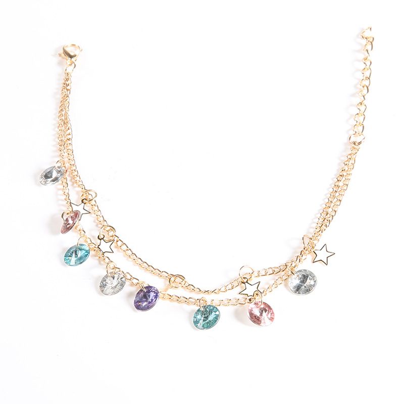 Ensemble de chaînes de cheville multicouches en forme d'étoile pentagonale en diamant coloré pour femmes, fait à la main, photo de rue tendance_voghion.com
