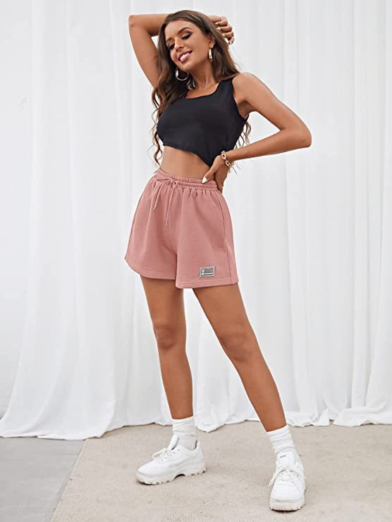 Abbigliamento da donna Pantaloncini larghi casual legati in maglia sportiva in tinta unita_voghion.com