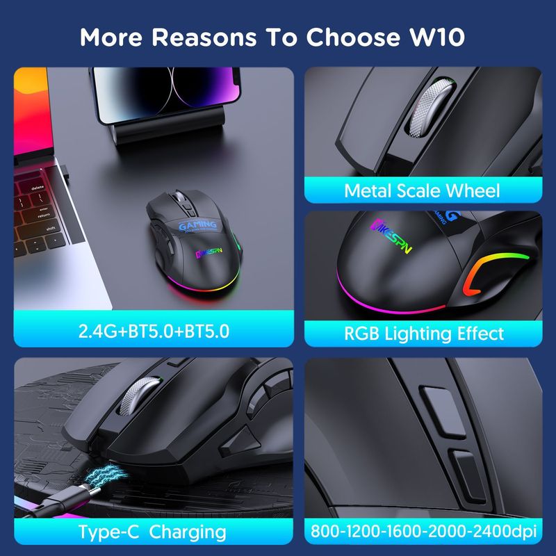Mouse da gioco wireless Bluetooth a 9 tasti e doppia modalità 2.4G con personalizzazione macro, frequenza di polling di 1000 Hz, design ergonomico_voghion.com