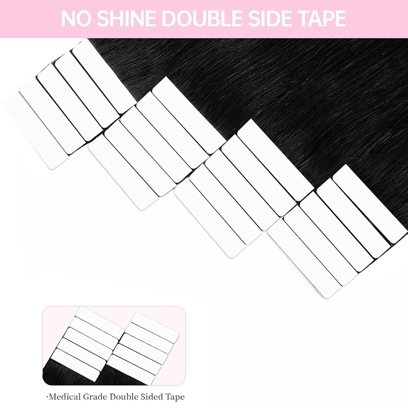 Glattes, natürliches Echthaar, selbstklebende Tape-In-Extensions, unsichtbar, 100 % Echthaar, Tape-In-Haarverlängerungen, Farbe Nr. 1_voghion.com