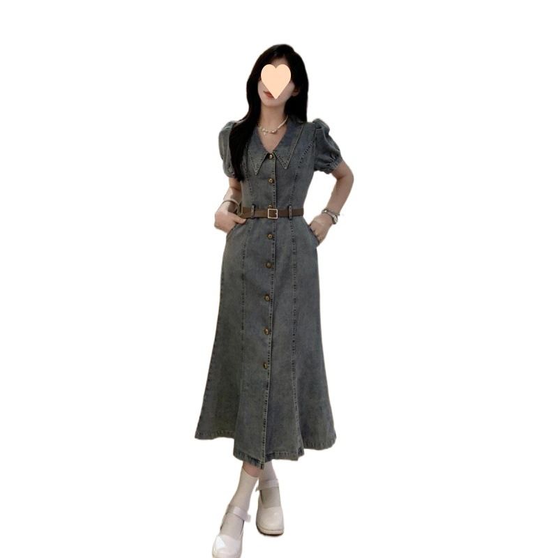 Hong Kong Style Design Denim Short Sleeved Dress For Women In The Summer Of , Thin High Waisted Letter Skirt, Medium_voghion.com