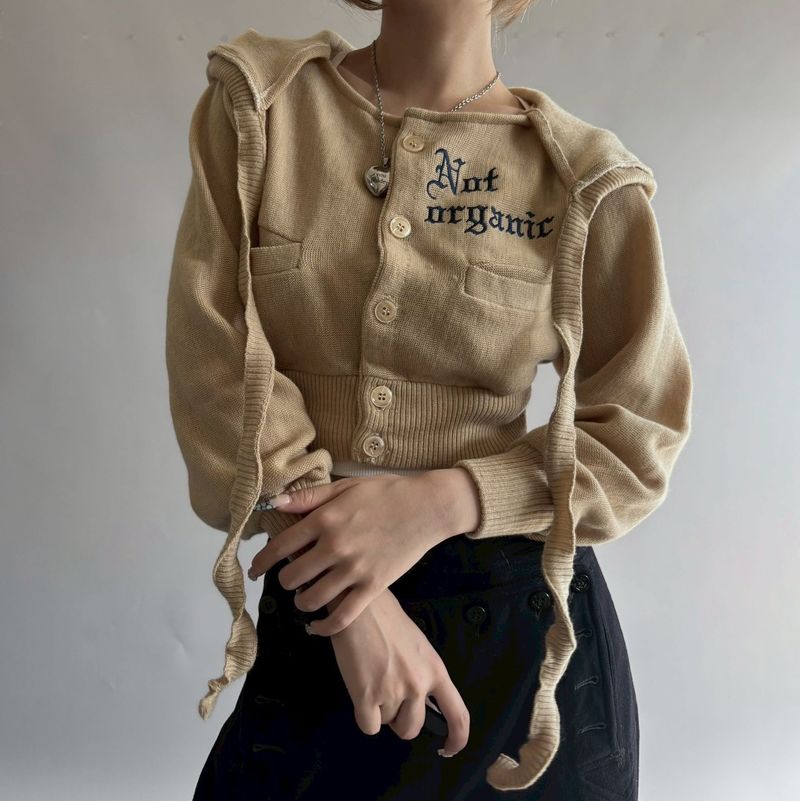 Cardigan con cappuccio retrò e ricamo di lettere – Maglione corto in maglia aderente con coulisse in vita (cappuccio oversize, elemento essenziale per lo streetwear)_voghion.com