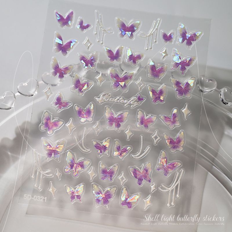 Holographic Shell Light Butterfly Embossed Nail Decals - 3D Waterproof Adhesive Butterfly Nail Art Decor_voghion.com