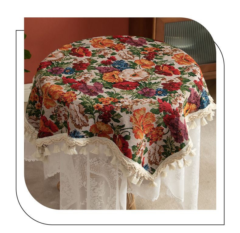 Vintage-Tischdecke mit Besenspitze – quadratische Polyester-Tischdecke für Esstisch, Couchtisch und Schreibtisch (skandinavisches Blumenmuster, staubdicht, mehrere Größen)_voghion.com