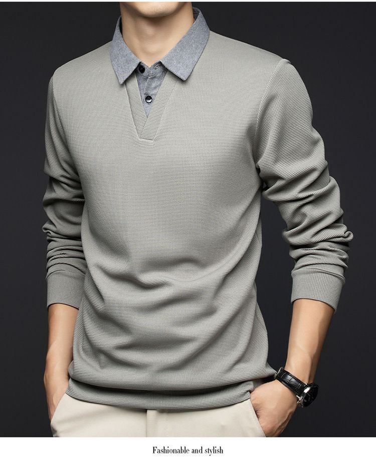 Shirt-Collar Waffle Knit Tee – Layering Essential For Men (Black, Khaki, Heather Grey)_voghion.com