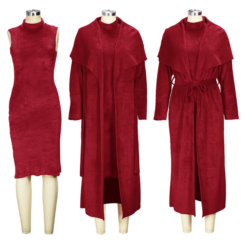 Women's clothing temperament dress and coat two-piece fashion loose long cardigan velvet suit_voghion.com