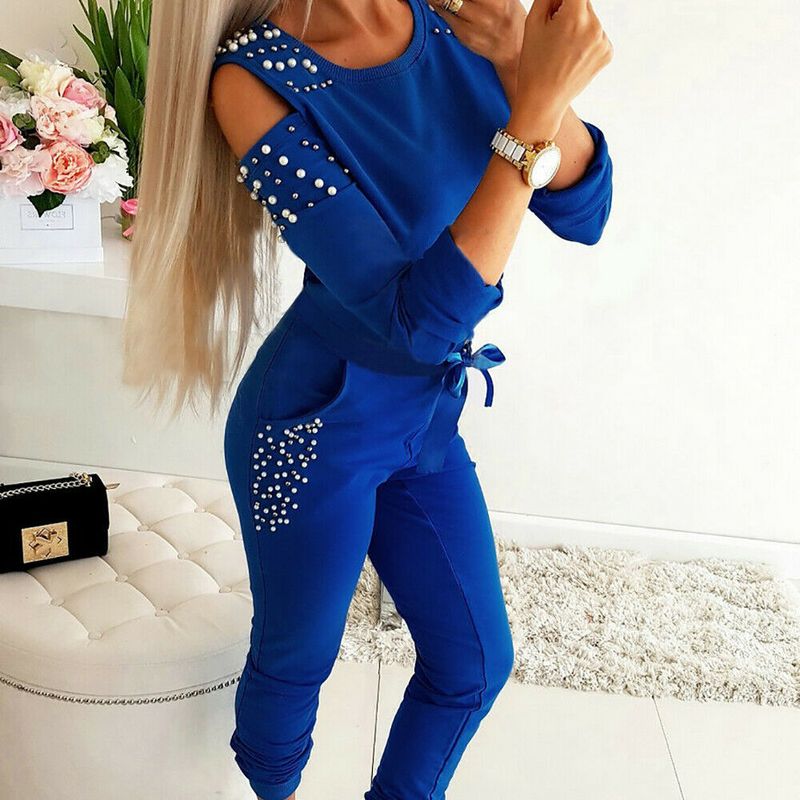 Elegant Off-shoulder Beaded Jumpsuit Set For Women - Stylish Long Sleeve Top & Pants - Comfortable Polyester Blend - Black & Blue Options_voghion.com