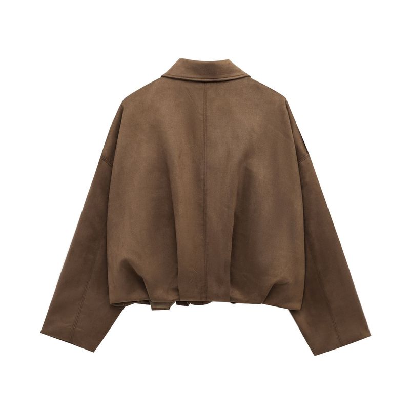 Jaqueta bomber feminina outono inverno com mangas morcego, fecho de zíper, caimento solto, textura de camurça, agasalho casual – P/M/G_voghion.com