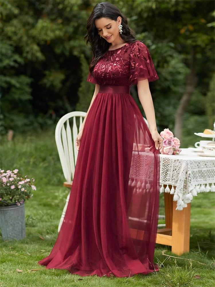 Robe De Soiree Bleščeče večerne obleke, dolge, a-kroja, O-izrez, formalne obleke s kratkimi rokavi, ženske, elegantne obleke, vestido iz tila z bleščicami_voghion.com