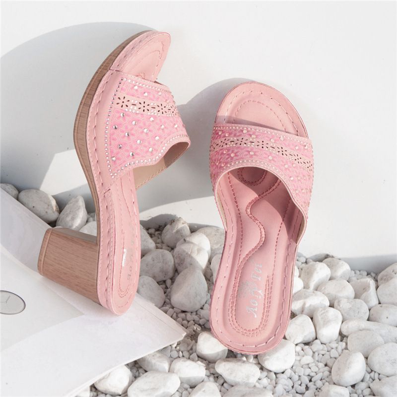 Sommer Neue High Heels Ethnische Feng Shui Diamant Dicke Ferse Totem frauen Sandalen Bequeme Hausschuhe Große_voghion.com