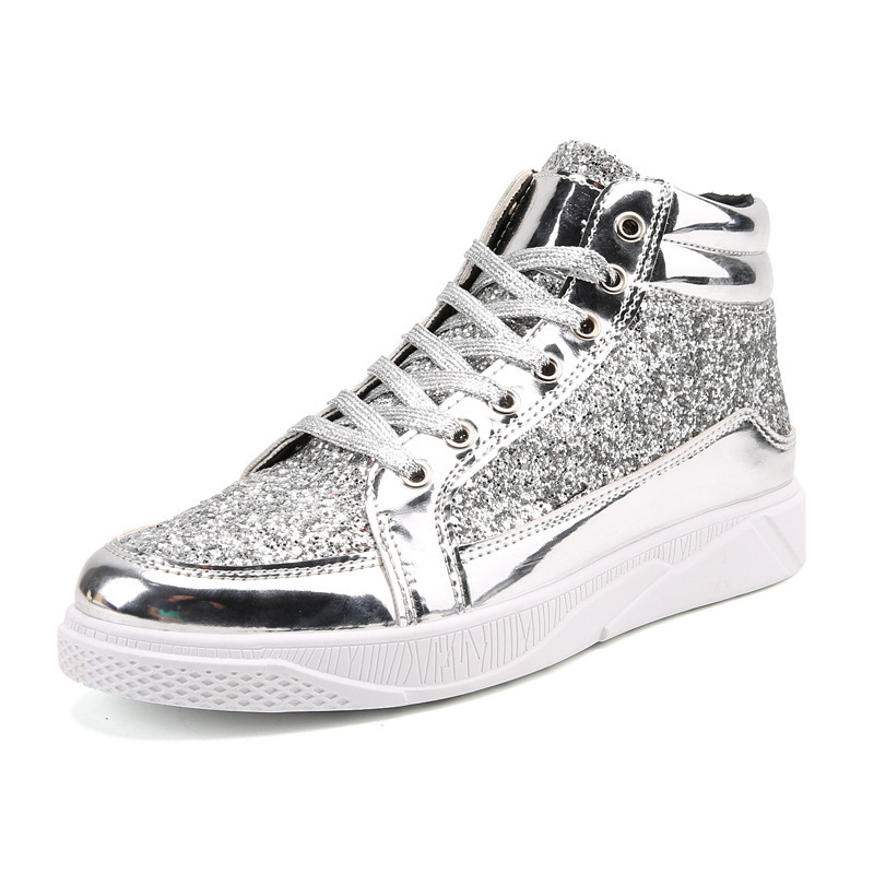 Large Size Leather Glossy Personality Martin Men's Casual Sneakers High-top Stage Gold Boots_voghion.com