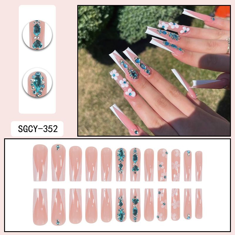 Unghie finte francesi lunghe con glitter floreali, unghie finte da donna, eleganti e alla moda con strass e fiori 3D, adesivi riutilizzabili per nail art_voghion.com