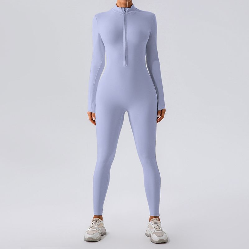 LazyZoom High Elastic Zipper Stand Collar Long Sleeve Jumpsuit Sports Fitness Running Training Yoga Suit For Women_voghion.com