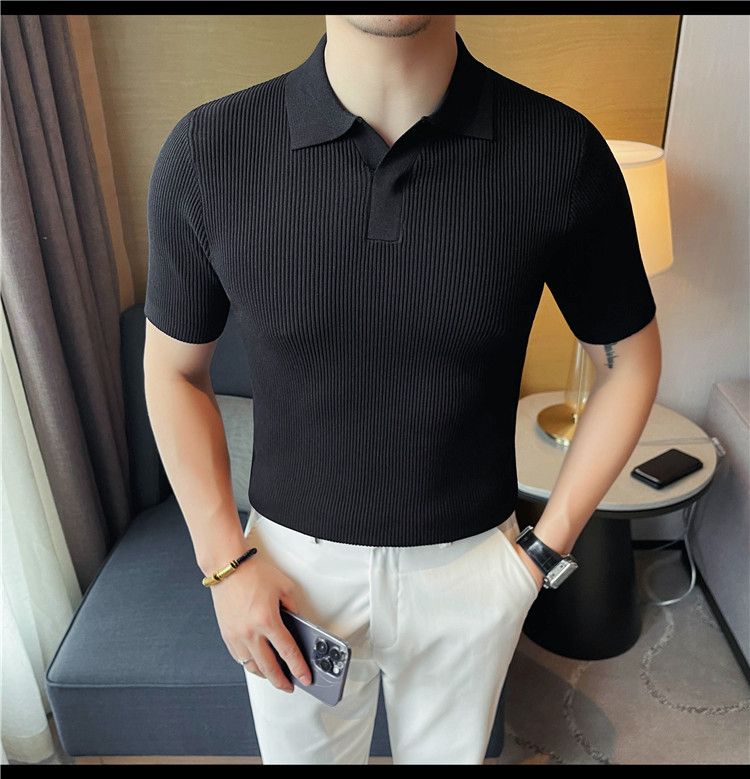 Maglione lavorato a maglia a maniche corte con scollo a V da uomo, colletto a gabbiano, stile business casual britannico, estivo, in seta ghiacciata_voghion.com