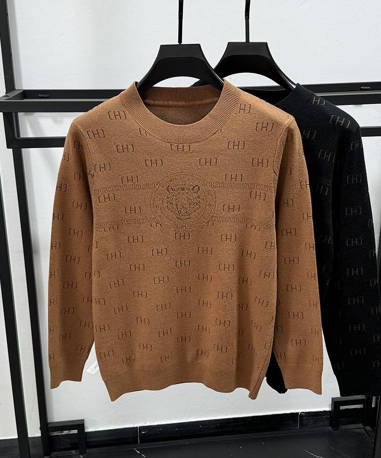 Suéter masculino de malha jacquard – pulôver canelado estiloso com gola redonda, top casual slim fit para outono e inverno_voghion.com