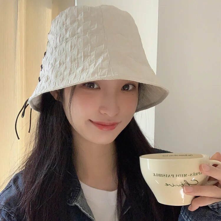 Chapeau de pêcheur à bretelles pour fille très douce, nouveau printemps et été, Style coréen, doux et polyvalent, couvrant le visage, Protection solaire, chapeau seau respirant_voghion.com