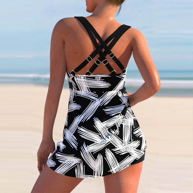 Women's striped split swimsuit women's large size skirt bikini boxer briefs swimsuit_voghion.com