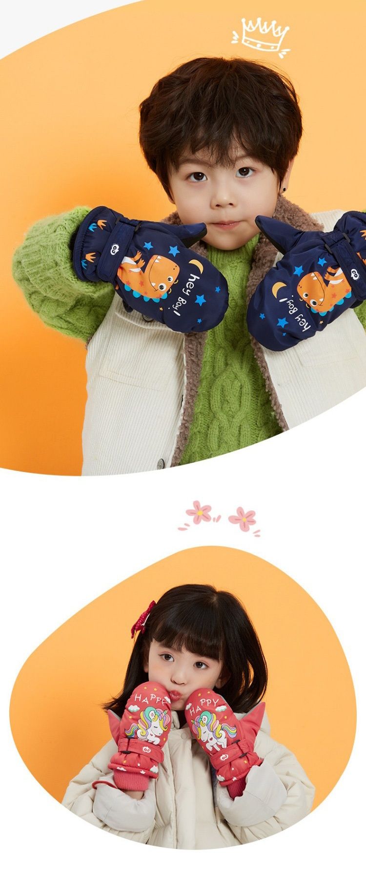 Luvas de esqui para crianças de inverno com lã antiderrapante e grossa adicionada para evitar frio e vento. Luvas quentes de inverno para crianças e bebês_voghion.com