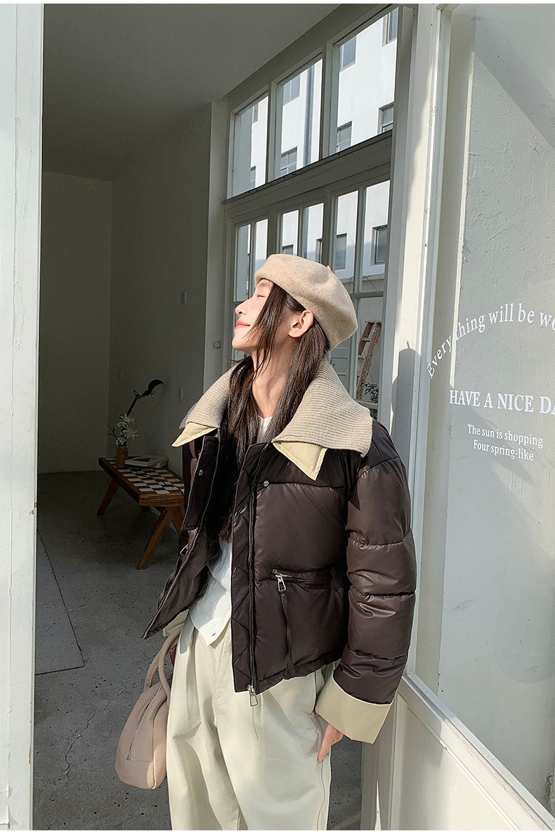 2024 European Knitted Short Down Jacket Women's Winter Fashion Splicing Doll Collar Cotton Coat Trend_voghion.com
