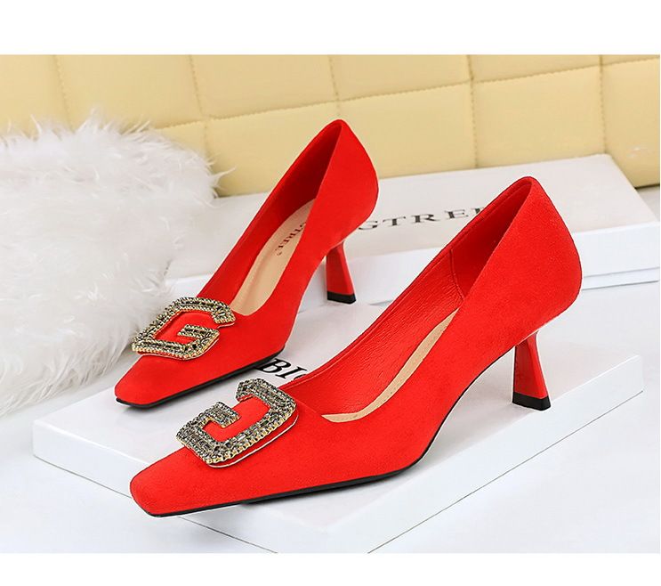 6183-K21 Stile Banchetto Tacco Alto Scamosciato Testa Quadrata Piccola Metallo Acqua Diamante Fibbia a Forma di G Primavera E Autunno Donna_voghion.com