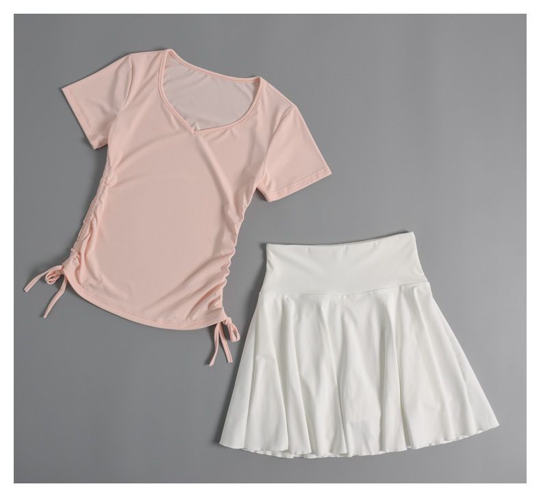 Ropa de yoga, camiseta de manga corta para mujer, top adelgazante con cordón, ropa de entrenamiento de pilates, ropa de fitness, falda plisada_voghion.com