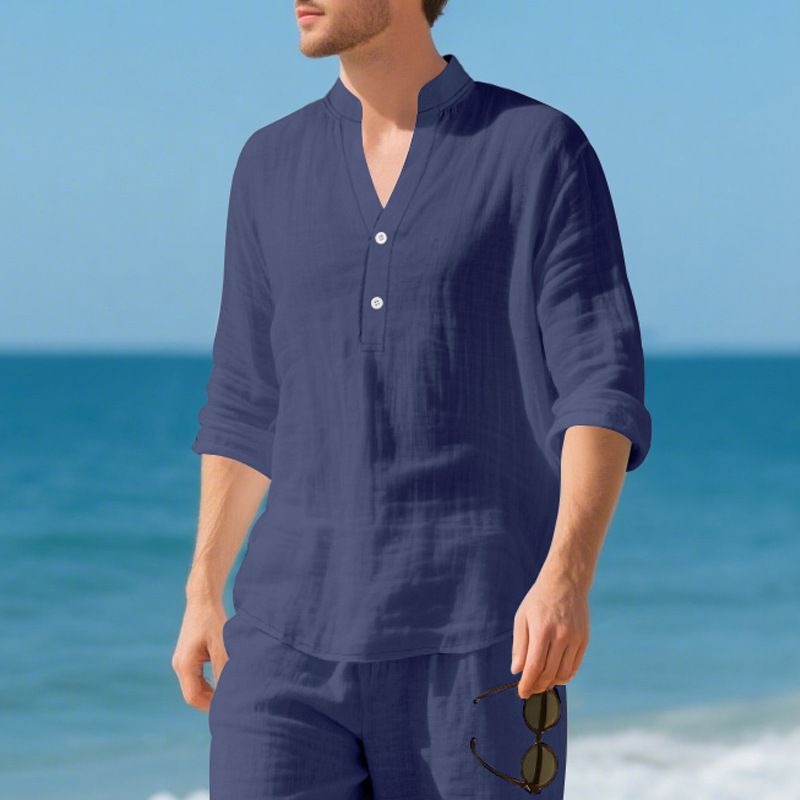 Leinenhemd für Herren – Atmungsaktives Langarm-Henley-T-Shirt, entspannte Passform, lässiger Button-Up mit Stehkragen (Weiß, Marineblau, Schwarz,_voghion.com