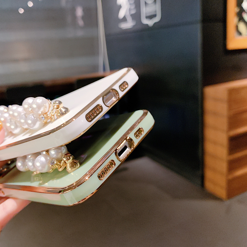 Πολυτελής επιμετάλλωση μαργαριταρένια μαλακή θήκη με αλυσίδα για iPhone 13 14 12 Pro Max 11 XS X XR 7 8 Plus mini SE 2 Glitter κάλυμμα σιλικόνης_voghion.com