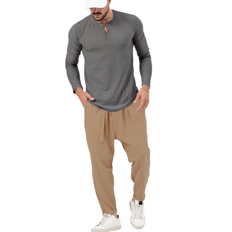 Men's solid color casual long-sleeved Henry T-shirt pantsuit_voghion.com