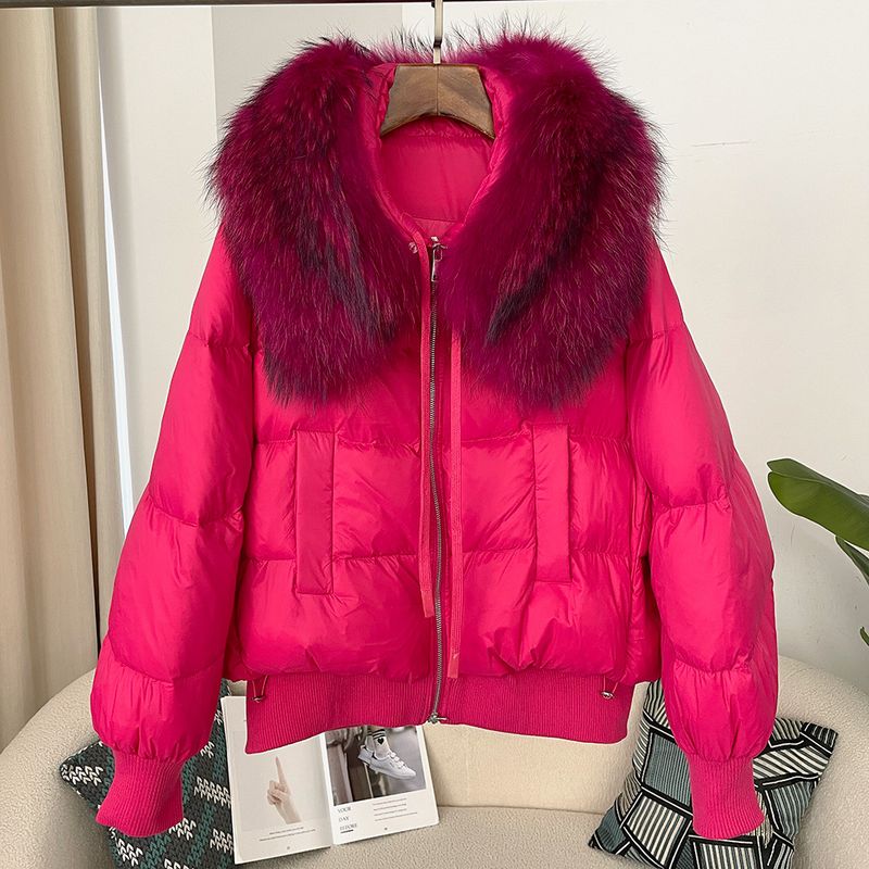 Women's Clothing Ready to stock detachable oversized raccoon fur collar winter women's short thickened white duck Warm jacket jacket flat coat coat_voghion.com