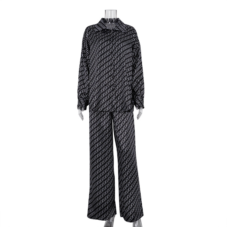 Abbigliamento da donna primaverile di alta qualità, camicia ampia a maniche lunghe e pantaloni, completo in raso stampato a due pezzi_voghion.com