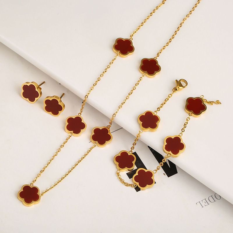 Grenzüberschreitender E-Commerce-Glücksklee mit fünfblättrigem Kleeblatt, doppelseitiges Blütenblatt, goldene Ohrringe, Armband, Halskette, Damen-Schmuckset_voghion.com