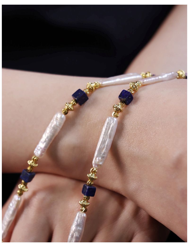 Natural Baroque Lapis Lazuli & Freshwater Pearl Beaded Necklace | Niche Design Light Luxury Clavicle Chain_voghion.com