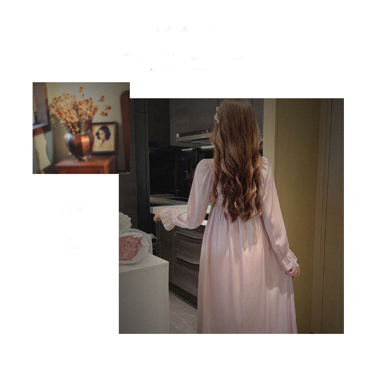 Sweet V-neck pajama lace hollowed out long skirt with breast pad home dress pajama skirt_voghion.com