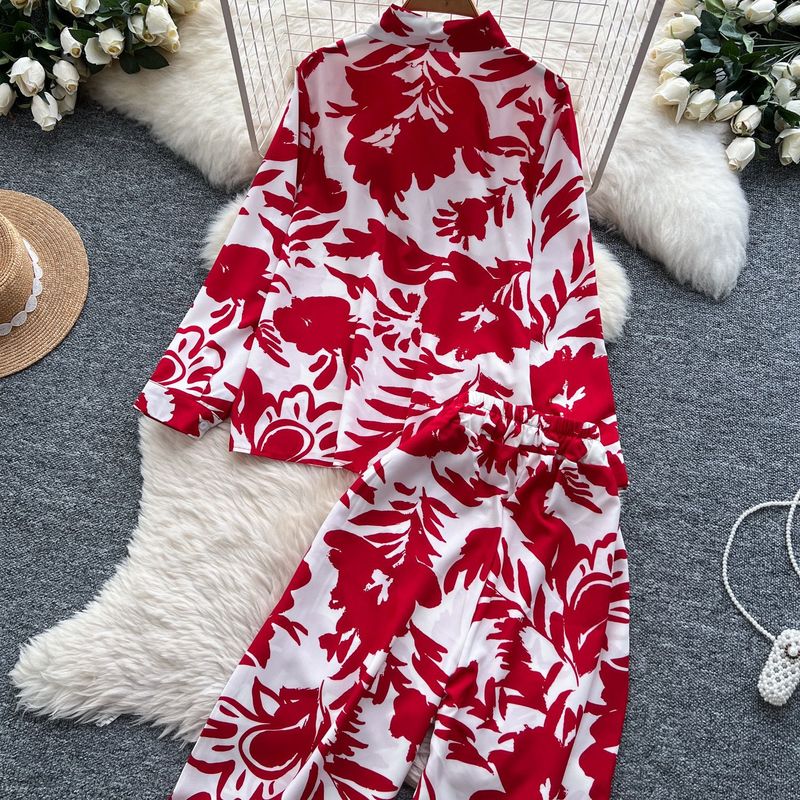 Damenbekleidung, modisch, locker, vielseitig, langärmelig, bedrucktes Hemd + lässiger Hosenanzug mit hoher Taille und weitem Bein_voghion.com