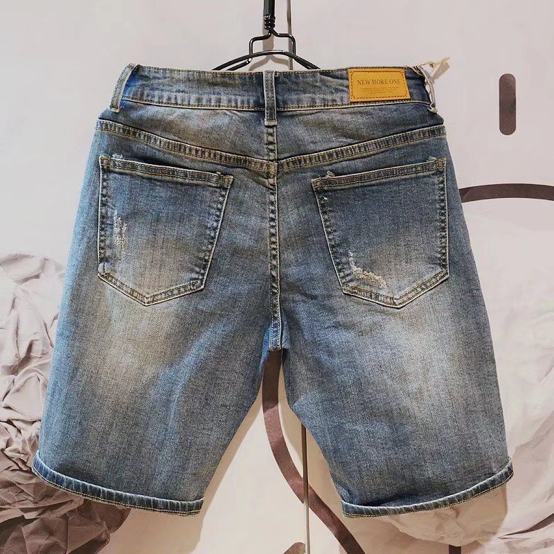 High end denim shorts, men's trendy Korean version, simple summer thin style, fashionable elastic slim fit casual capris_voghion.com