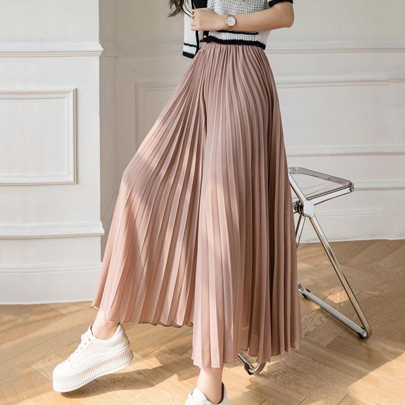 Vente chaude mode coréenne femmes jambe large plissée élastique taille haute en mousseline de soie pantalon été décontracté pantalon ample streetwear_voghion.com