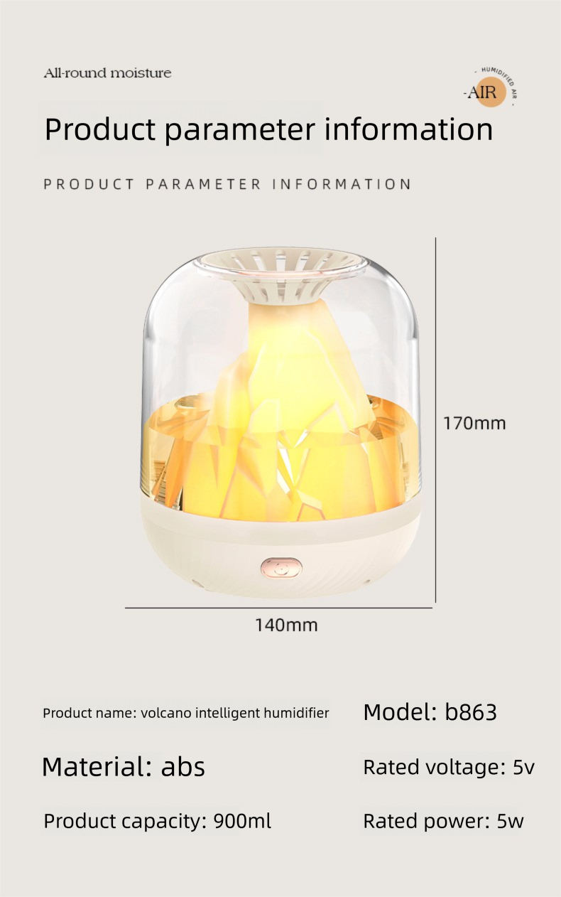 Umidificatore Volcano, diffusore di aromaterapia USB con grande emissione di nebbia e luce a 7 colori per la camera da letto_voghion.com