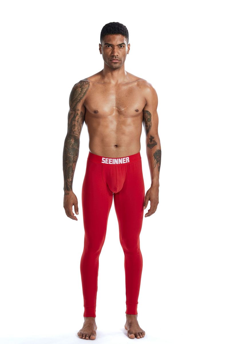 Roupa íntima e pijamas Roupa íntima térmica fina masculina, camada de base de algodão elástico com ajuste fino, calças anti-frio na altura do tornozelo em branco, vermelho, preto e azul-marinho_voghion.com