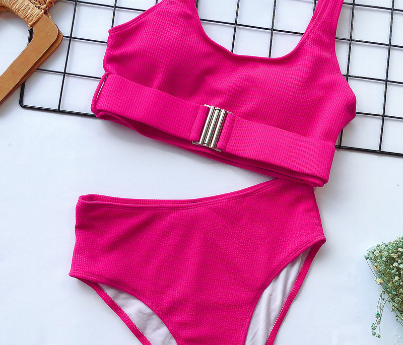 Hot Bikini Hot Sale High Waist Solid Color Bikini Pit Strip Swimsuit Split Buckle Bikini_voghion.com