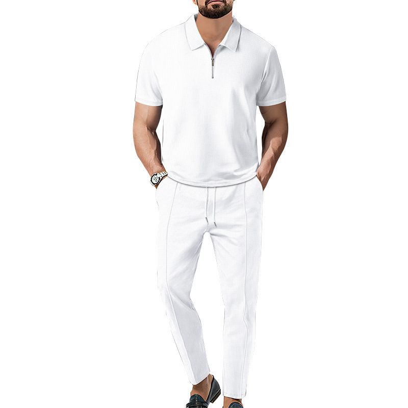 2025 Frühling und Herbst Neue Herren Einfarbig Anzug Waffel Kragen Kurzarm Zipper Lange Hosen Set_voghion.com