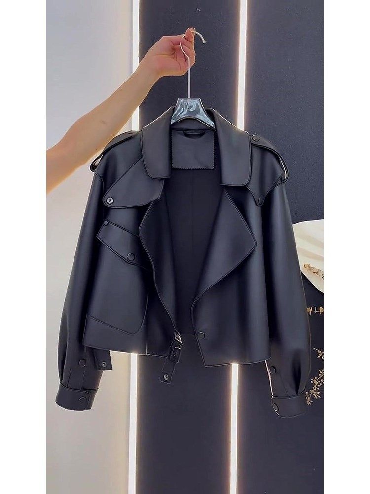 Giacca in pelle nera retrò ampia e comoda da donna, autunno e inverno, piccola giacca retrò_voghion.com