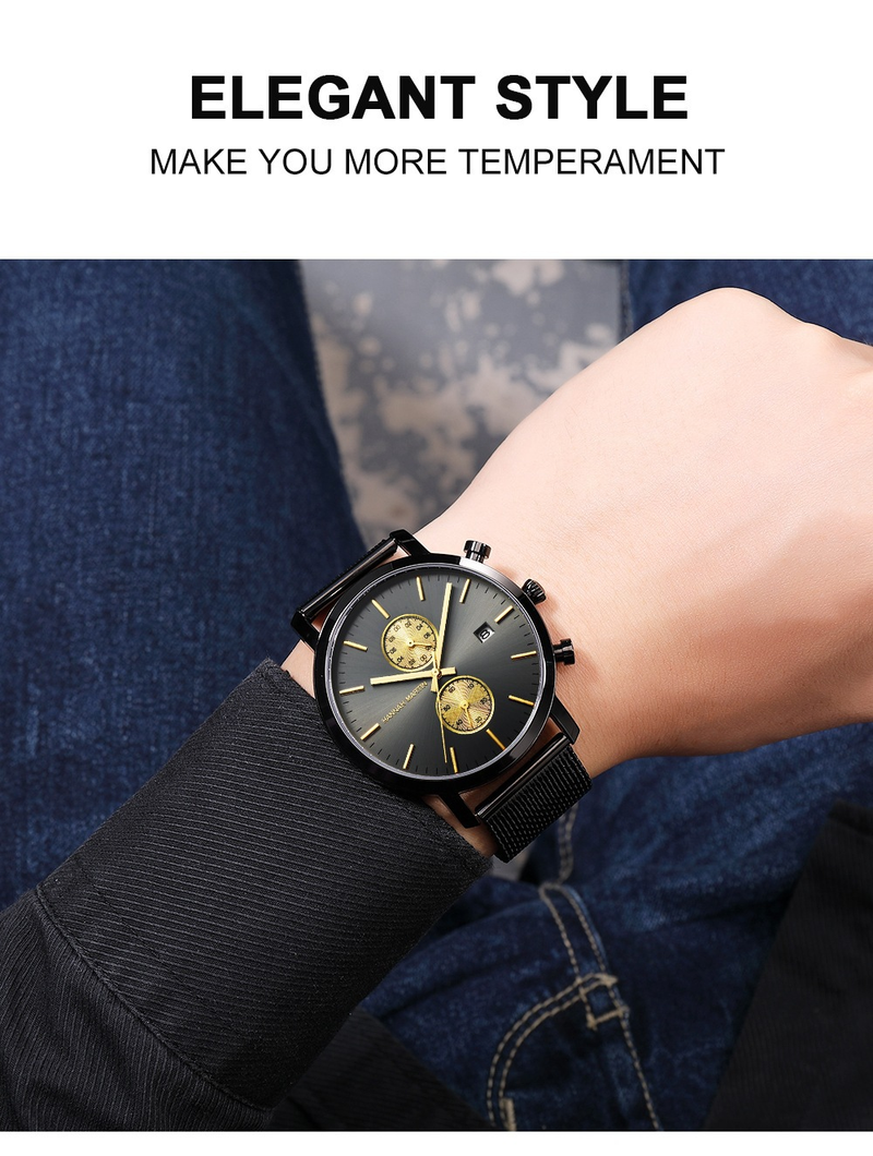 Men's Stainless Steel Waterproof Quartz Watch With Date Function, 44.5mm Round Dial, Mineral Glass, Casual & Business Style_voghion.com