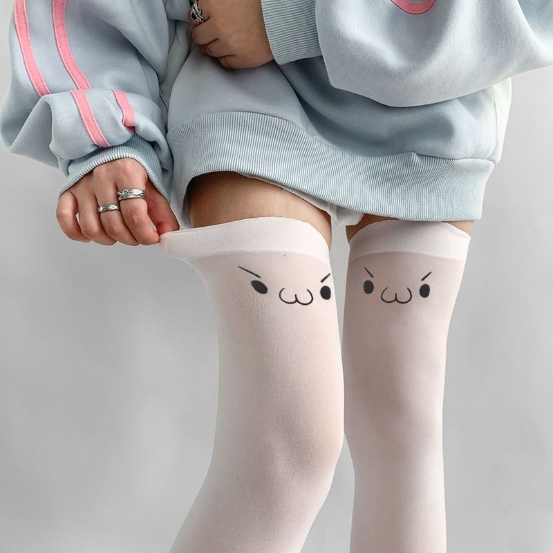 2D Expression Suspender High Tube White Silk Emoji Cute Print Subculture Over-the-Knee Thigh Socks Pure Desire_voghion.com