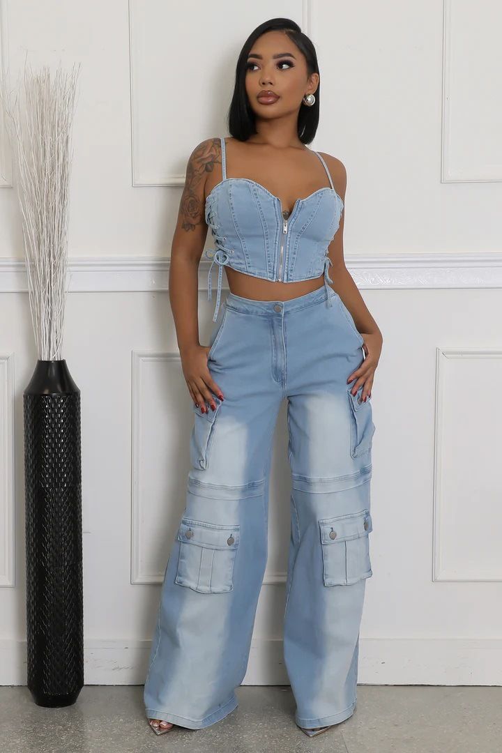 Mode Hosenträger Tube Top Denim Top Tasche Gerade Arbeitskleidung Damen Jeans Anzug_voghion.com